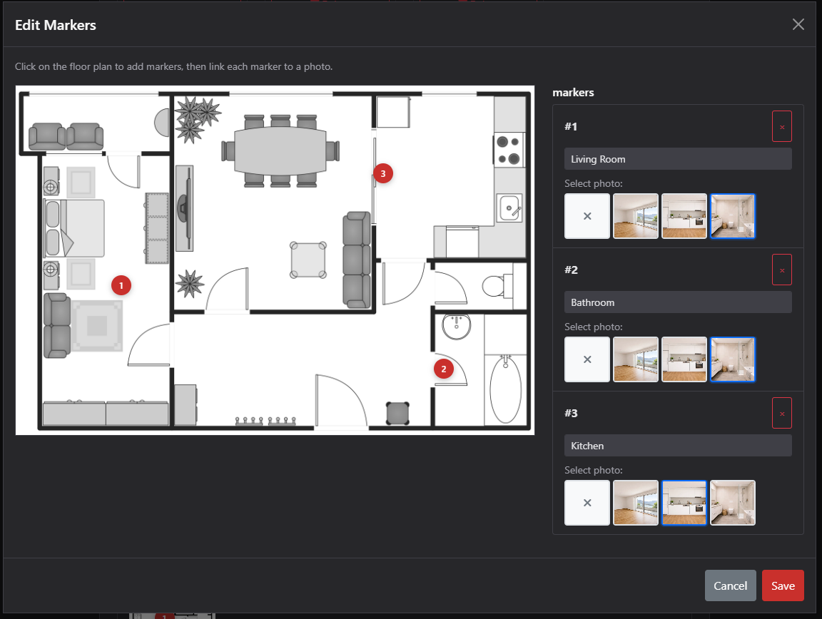 Floor plan editor showing how to place photo markers